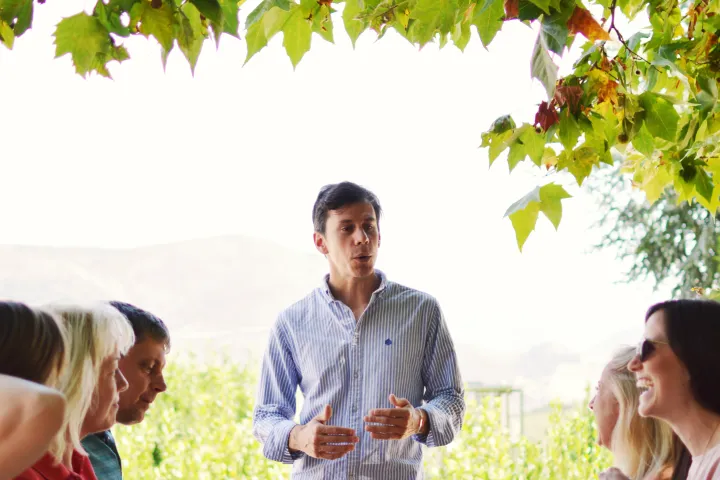 a group of people sitting at a table with wine glasses